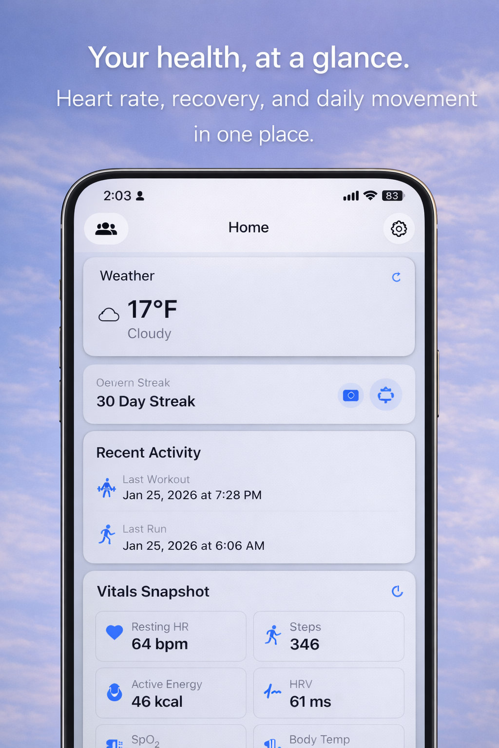 Pace & Plates home dashboard showing weather, streaks, recent activity, and vitals
